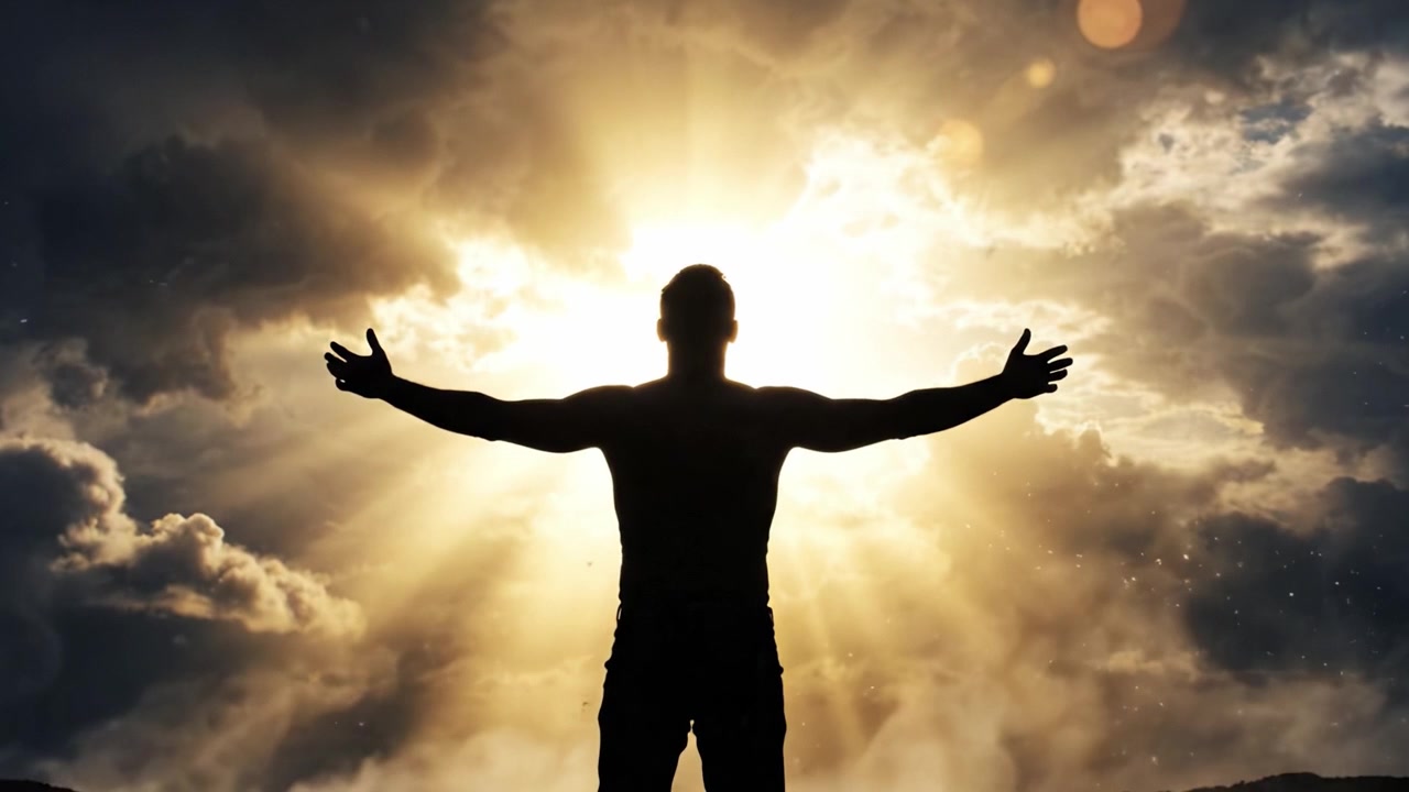 A Moment of Reflection: A Silhouette Embraces the Radiant Sunlight Piercing Through the Clouds, Symbolizing Freedom, Hope, and Connection with Nature's Majesty