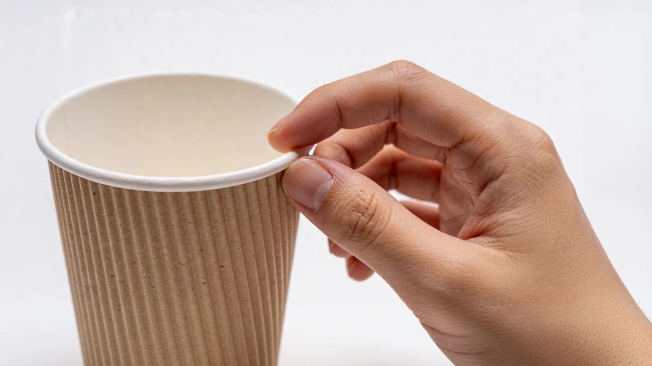 Mano derecha acercándose y pellizcando el borde de una taza de papel kraft acanalada sobre un fondo blanco, estabilizando la taza.