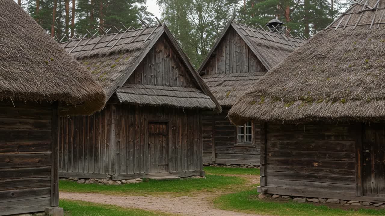 A Serene Village Scene Featuring Traditional Wooden Houses with Thatch Roofs Surrounded by Lush Greenery in a Peaceful Natural Setting