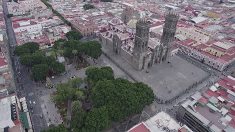 lateral stabilized static aerial shot of the cathedral of puebla
