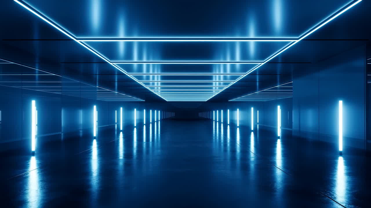 Corridoio al neon blu con pilastri, pavimento lucido riflettente, tubi LED verticali, soffitto a griglia specchiata.