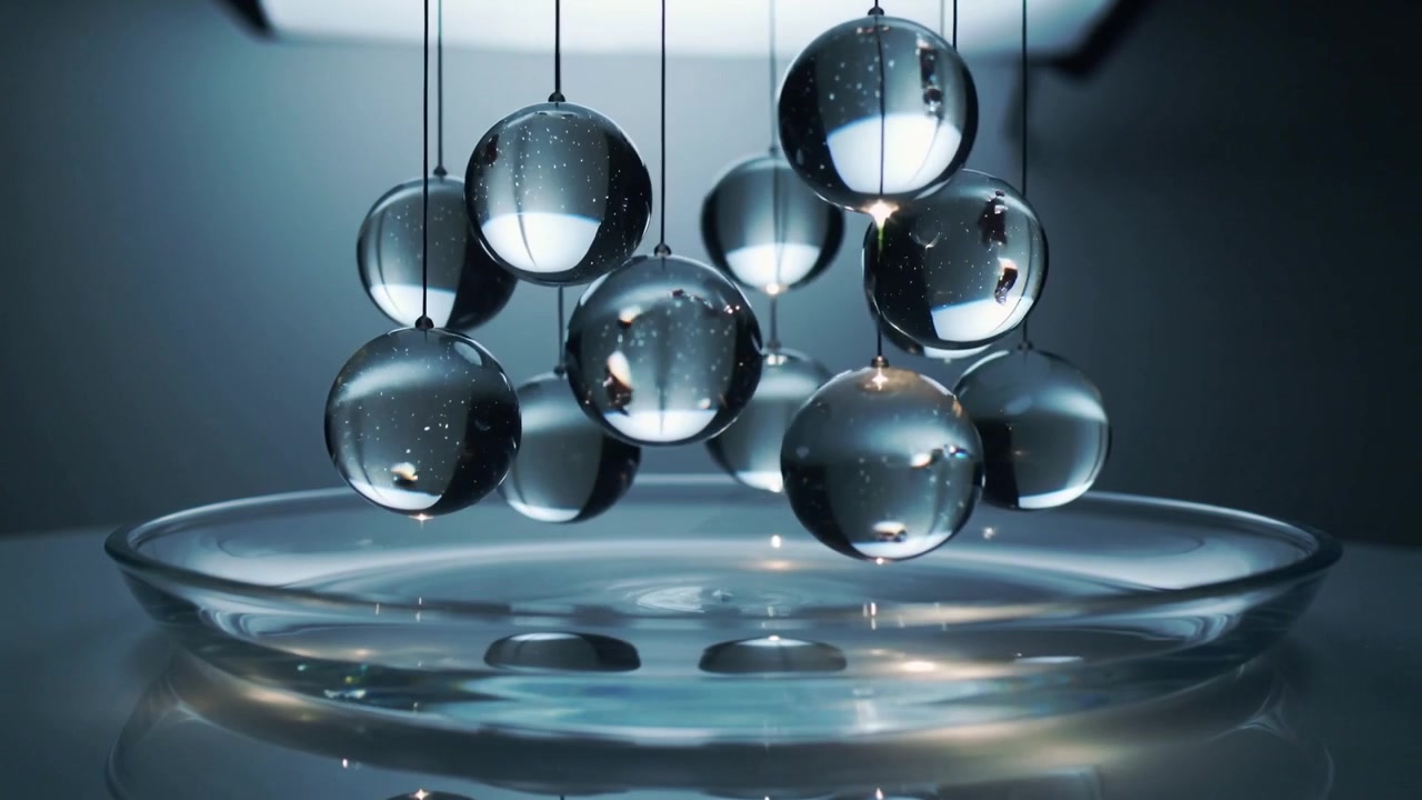 Swaying suspended glass spheres descending toward shallow dish after tiny nudge, creating ripples