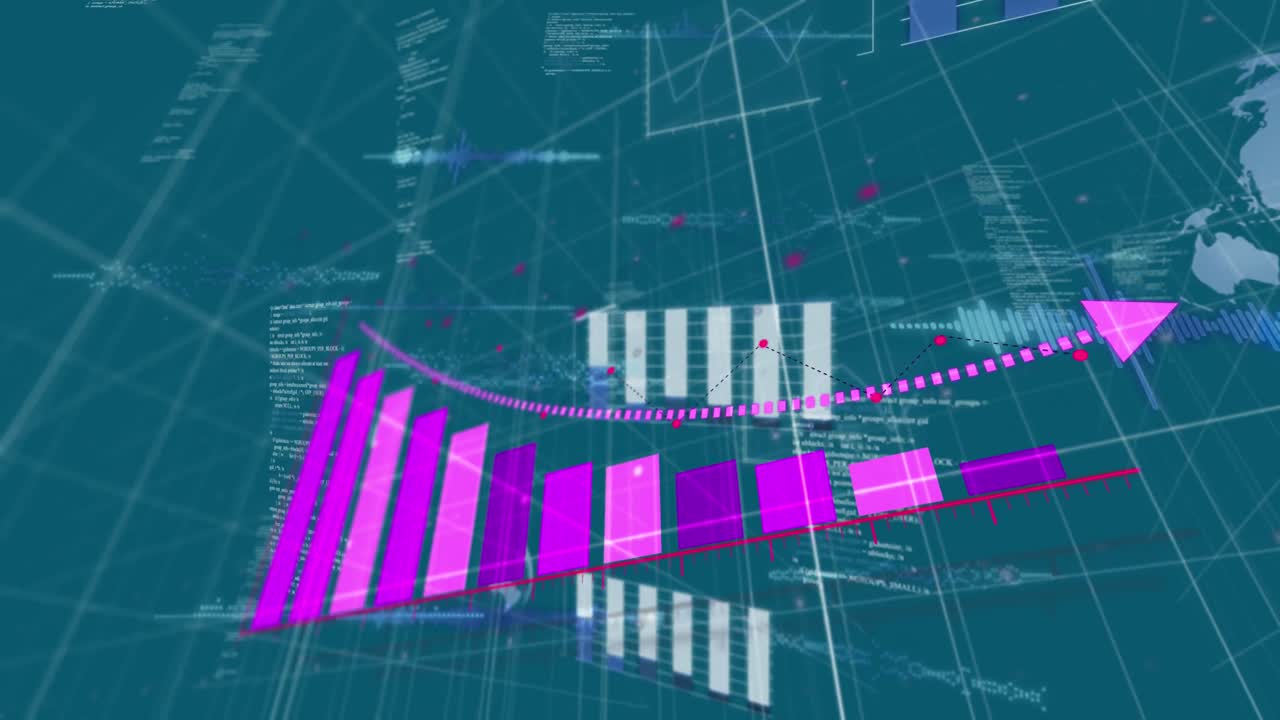 animación de gráfico rosa sobre procesamiento de datos en fondo azul
