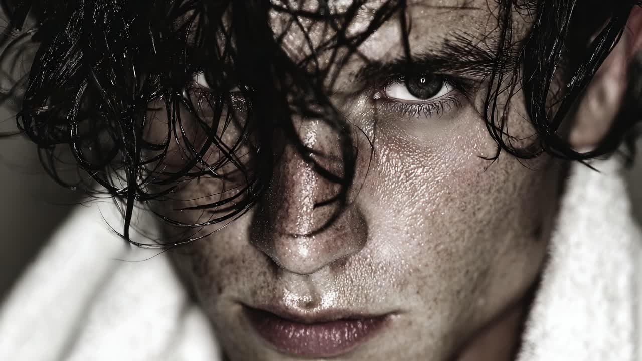 A Close-Up Portrait Capturing Intensity: A Male Subject With Wet Hair, Expressive Eyes, and a Toweling Background, Eliciting Emotion Through Rich Shadows and Highlights