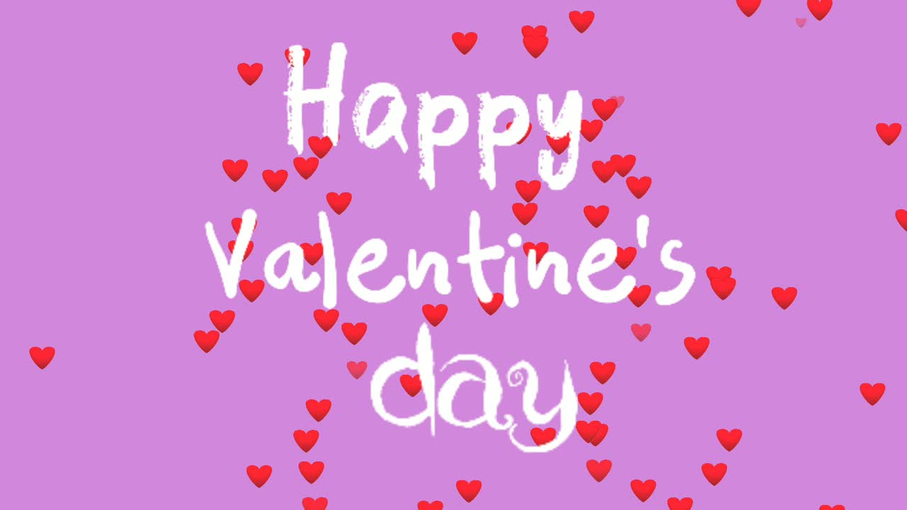 Testo Buon San Valentino, icone di cuori, animazione cartoon su sfondo rosa magenta