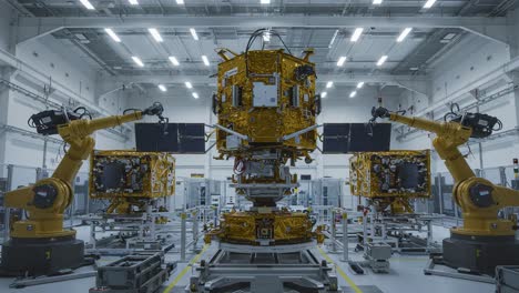 advanced robotic assembly and calibration station for spacecraft systems in a high-tech laboratory environment featuring automated arms and sophisticated instruments