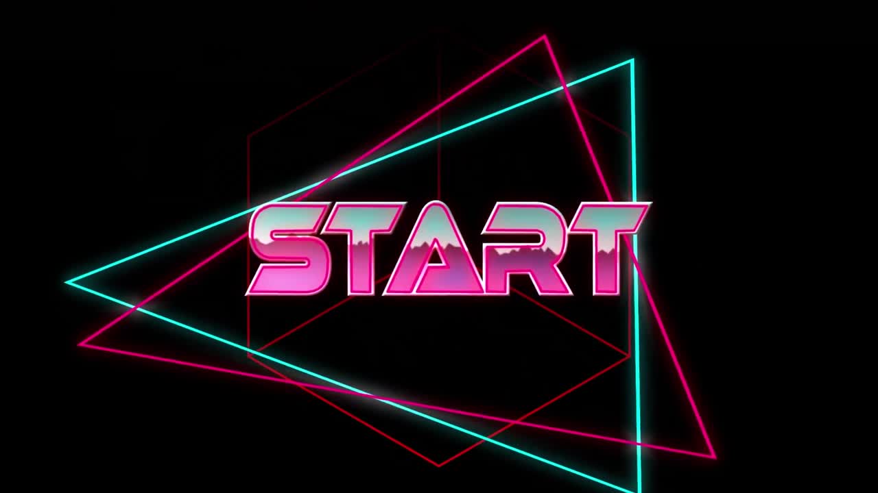 animación del texto de inicio en color rosa metálico, sobre líneas de neón en negro