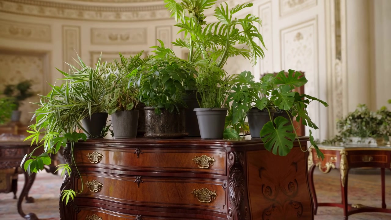 Several leafy houseplants in dark and light pots stand on a polished carved wooden dresser inside an elegant interior with decorative walls, antique furniture, and soft natural light