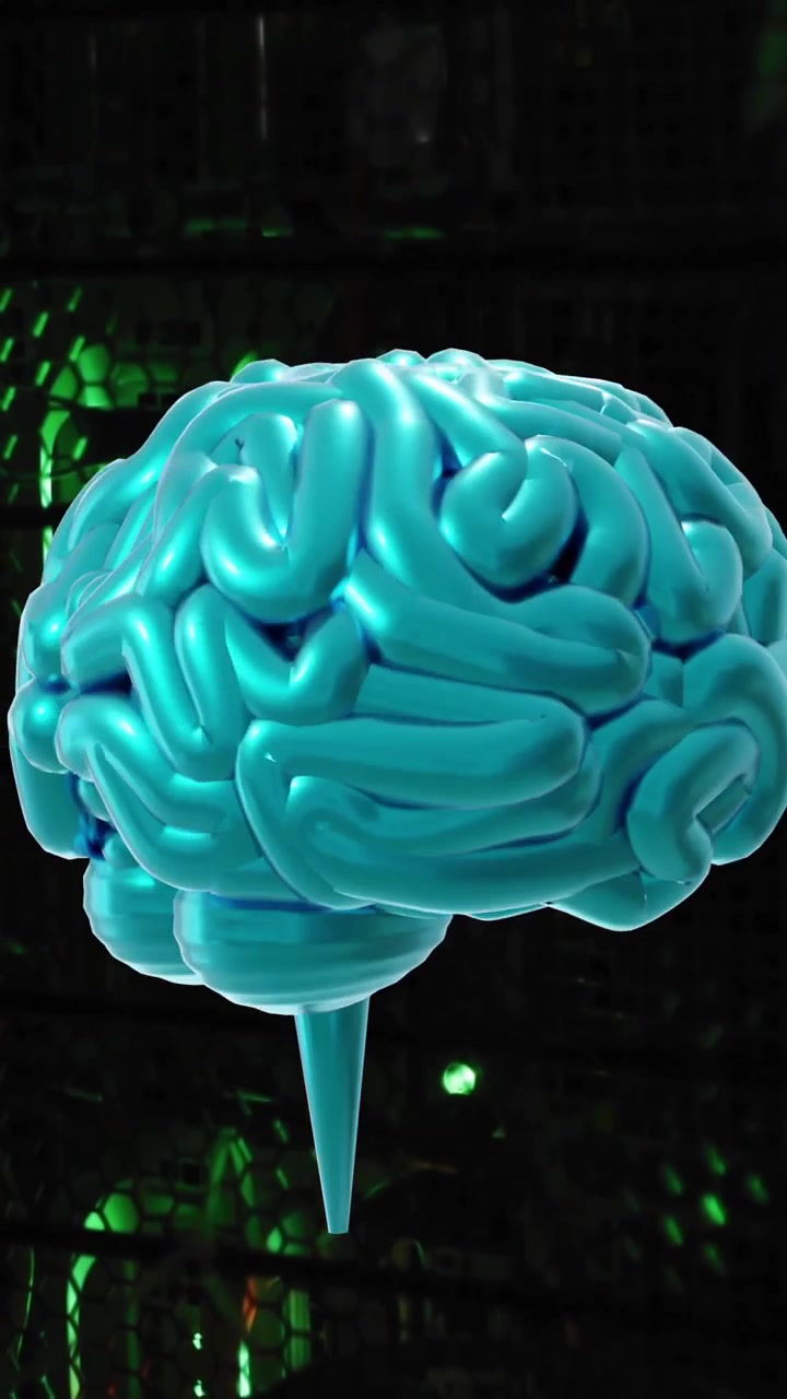 Blue brain model animation over dark background with green lights