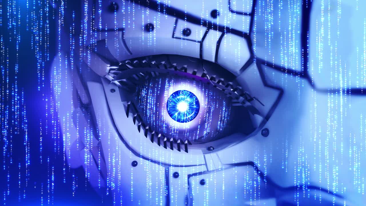 Cyber digital robot glowing eye artificial intelligence sci fi science fiction cinematic eye scanner