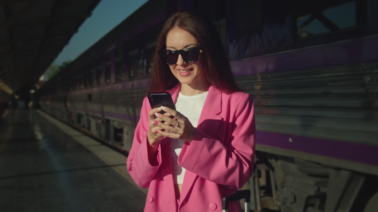 Donna che usa il telefono alla stazione ferroviaria