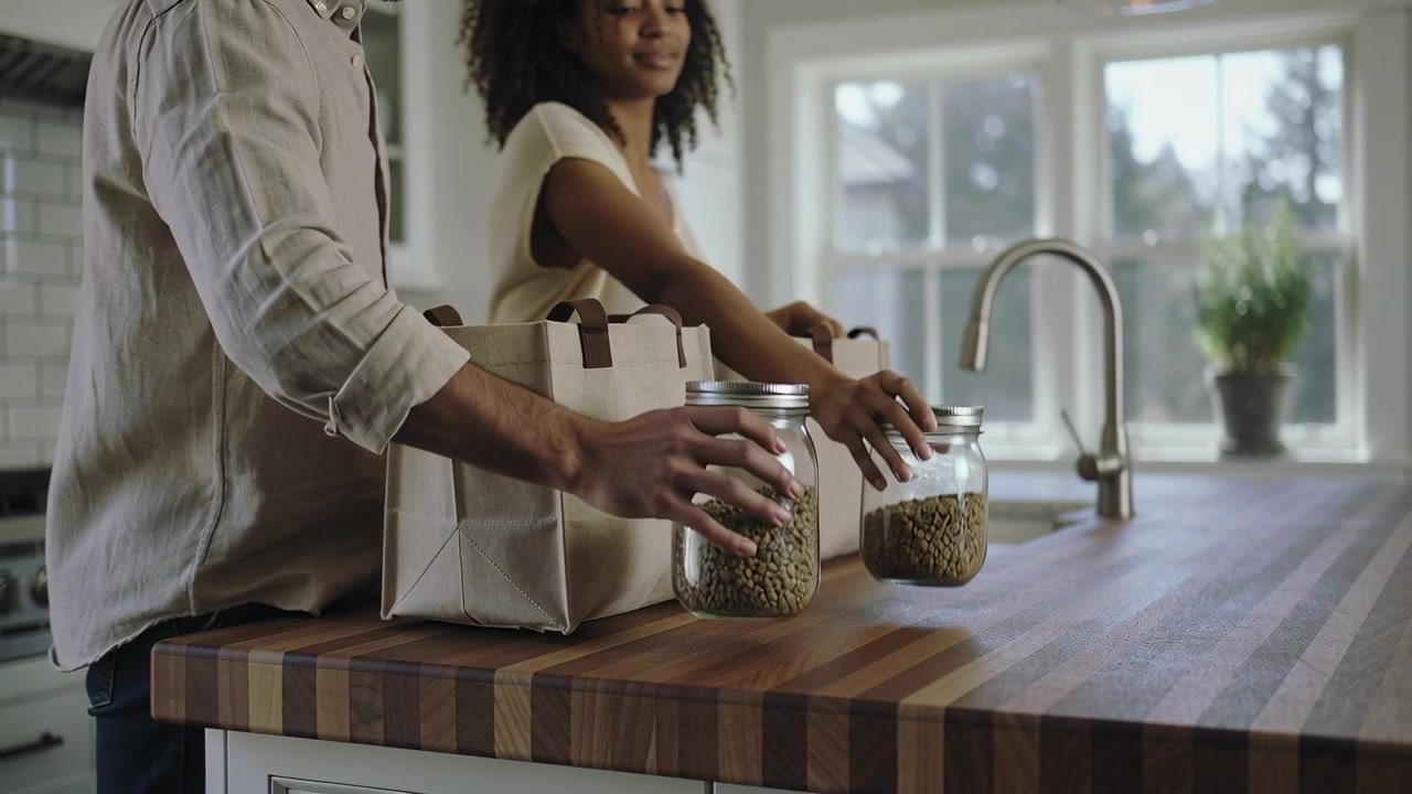 Lowering beige bags, couple unpacking glass jars at kitchen island, placing jars for pantry