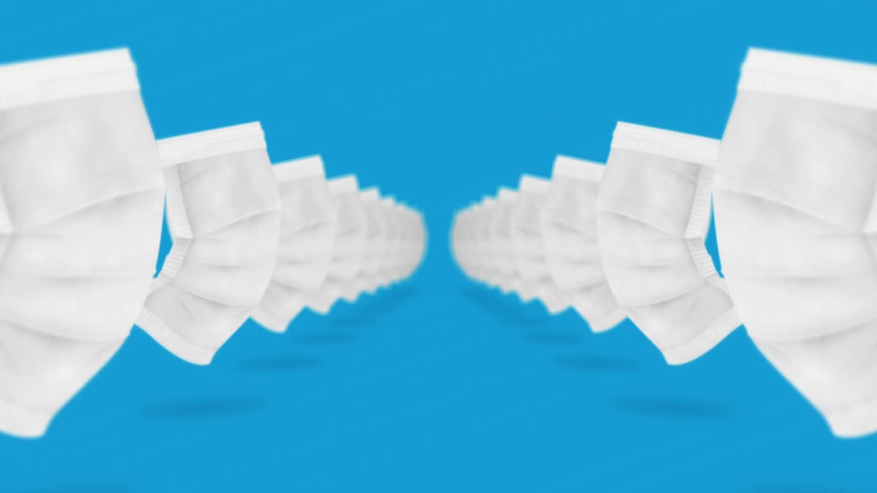 바이러스로부터 보호하기 위해 입과 코를 는 많은 의료 마스크. 건강 관리 개념. 3d 현실적인 의료 마스크, 루프 애니메이션.