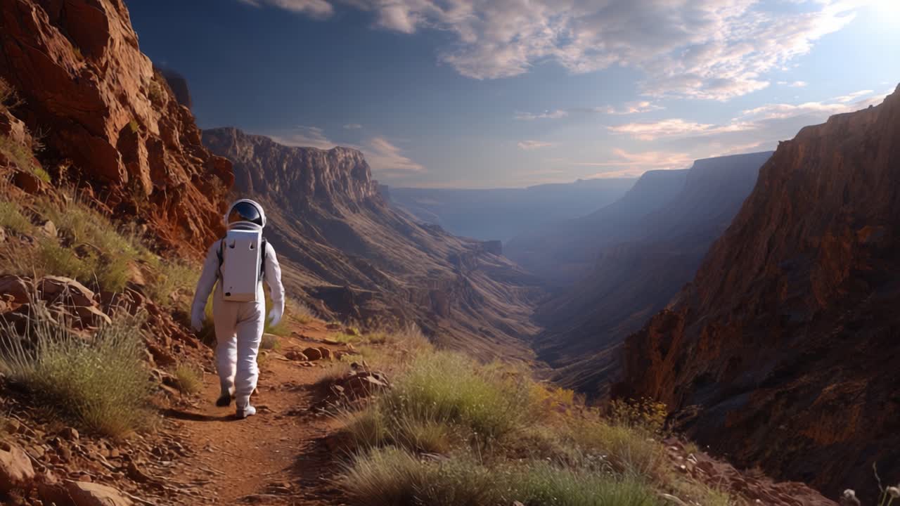 Un astronauta esplora un paesaggio mozzafiato di canyon, fondendo la meraviglia dell'esplorazione spaziale con la magnificenza della bellezza naturale della Terra in un ambiente sereno.