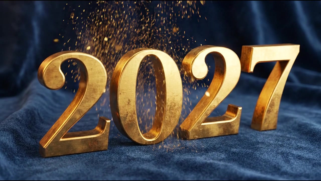 Animazione del numero 2027 di Capodanno in oro con tipografia script su sfondo scuro