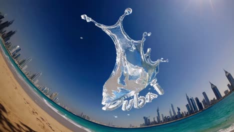 fisheye perspective capturing a dramatic water splash creating the dubai lettering above the stunning dubai marina skyline, featuring a vibrant blue sky, sandy beach, and turquoise sea