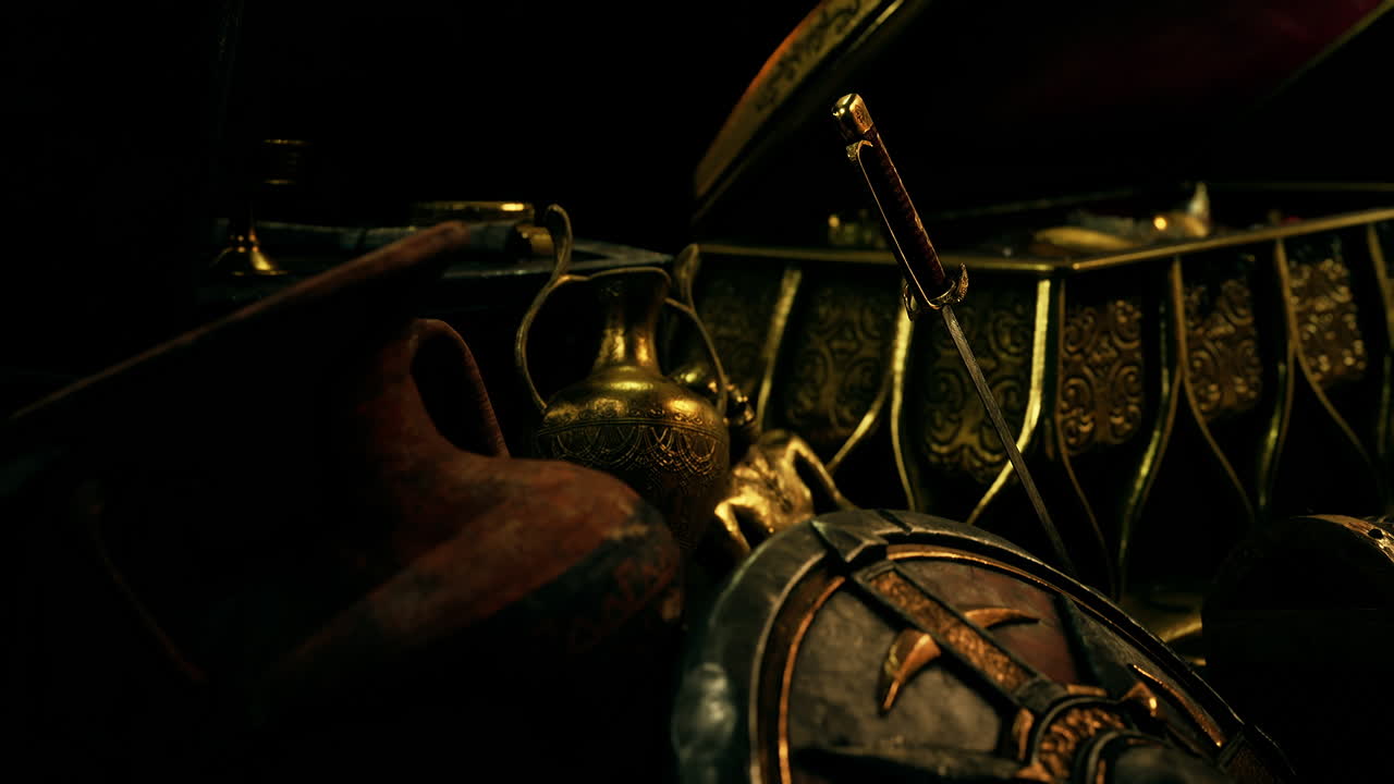 joyas y monedas de oro en la oscuridad