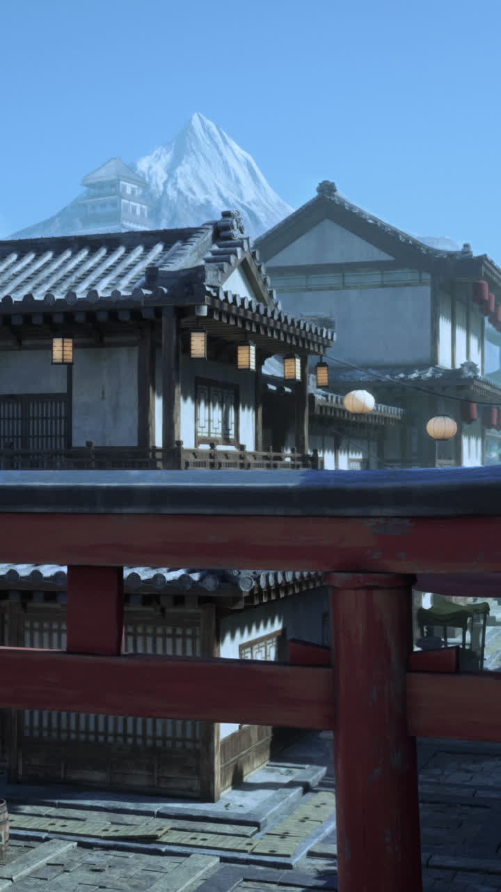 arquitectura japonesa tradicional con montaña nevada