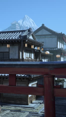 traditional japanese architecture with snowy mountain