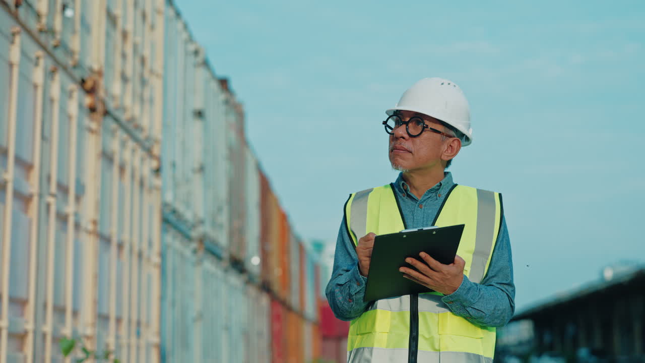 Worker inspecting cargo containers
