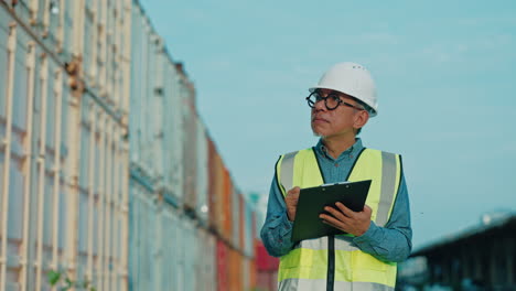 worker inspecting cargo containers