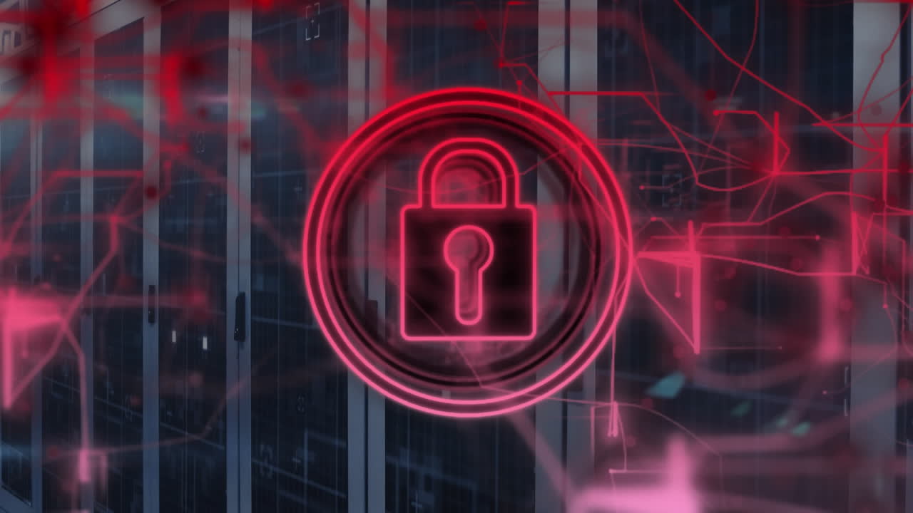 animación de candado en círculos y patrón abstracto sobre sistemas de servidores de datos en la sala de servidores