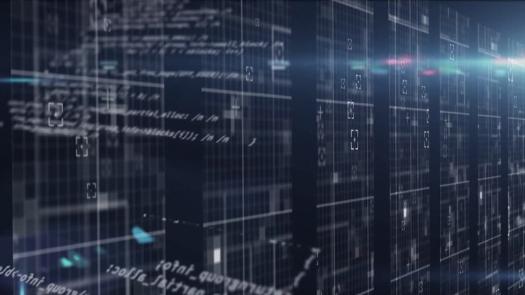 Animation of data processing over tech room with computer servers