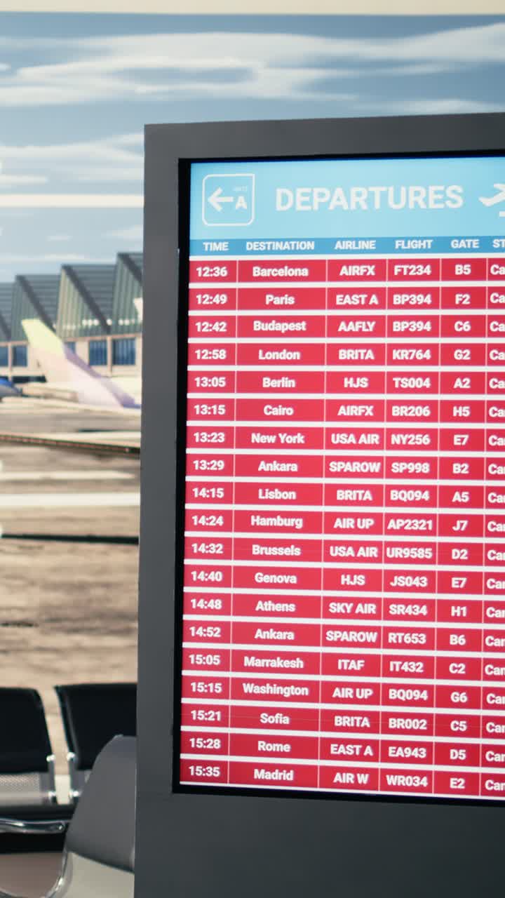 Video vertical: Múltiples vuelos cancelados en la pantalla del panel de información, enfatizando el caos en los viajes.