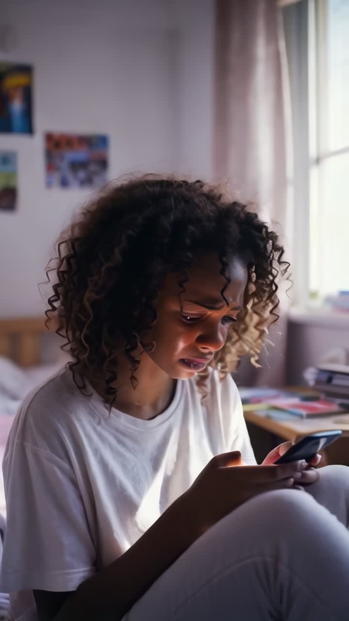 Afro woman crying and sad while looking at her cell phone in her bedroom.