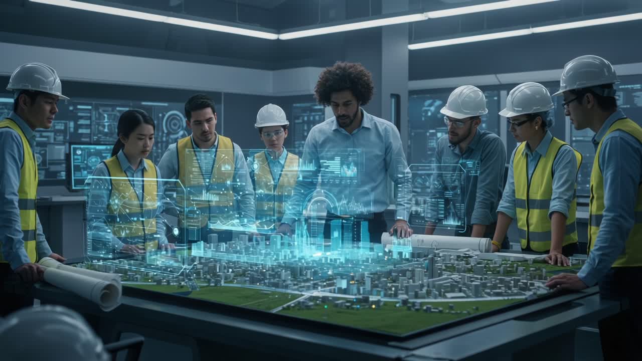 Team of engineers and planners collaboratively analyzing a complex urban development project using advanced holographic technology and digital modeling in a modern workspace