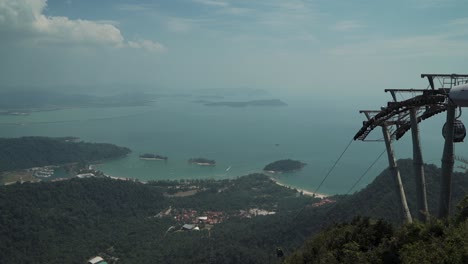 mountain top view of langkawi islands in the andaman sea with a cable car on the right