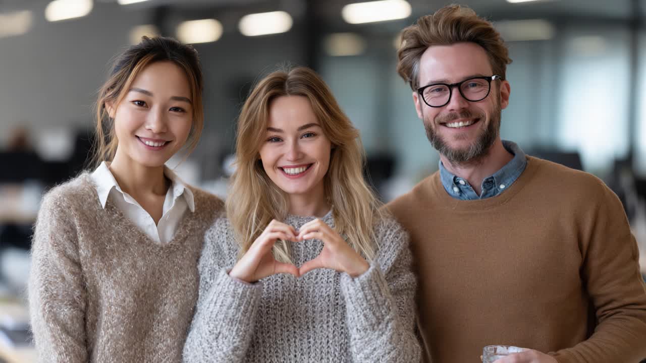 A Joyful Gathering of Friends Sharing a Heartfelt Moment in a Modern Workspace, Celebrating Connection and Camaraderie with Warm Smiles and Cozy Sweaters