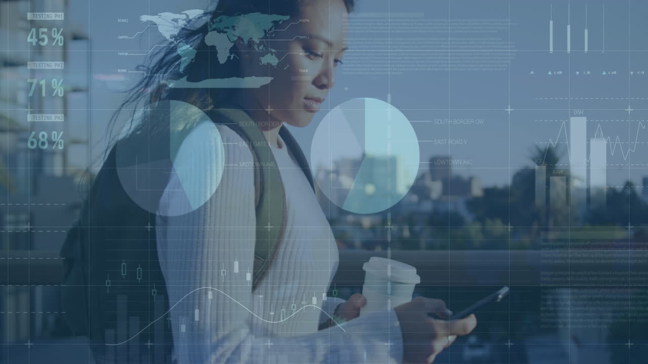 Animation of financial data processing over biracial woman using smartphone