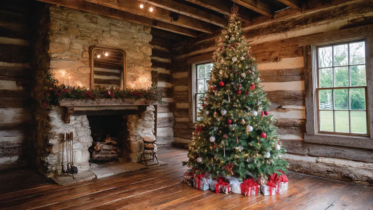 Cozy Log Cabin Surrounded by Holiday Cheer Featuring a Beautifully Decorated Christmas Tree with Colorful Ornaments and Gifts Underneath, Evoking Warm Festive Atmosphere