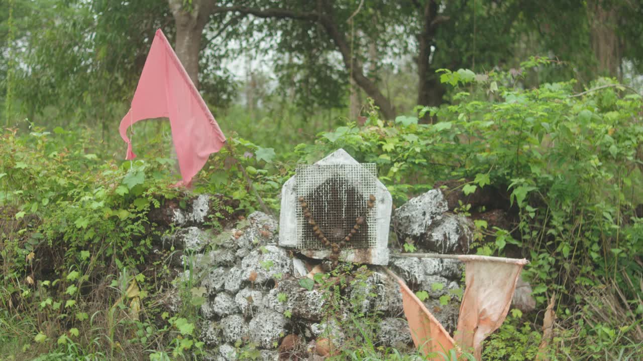 Slow pull-out shot reveals a rustic laterite stone shrine covered by a protective mesh and sacred bead garland, flanked by saffron-orange flags, surrounded by dense greenery in rural Goa, India