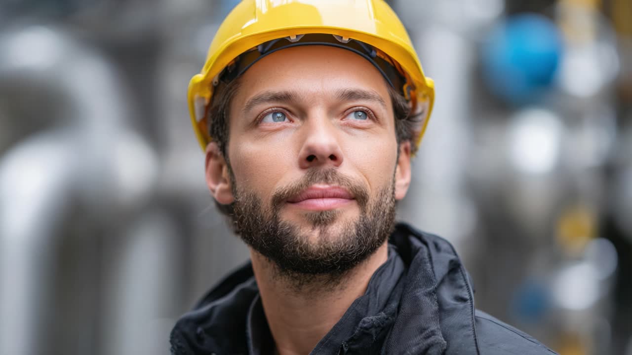 Focus and Determination: A Man in a Hard Hat Reflecting on His Next Steps in a Dynamic Industrial Environment with Safety as a Priority