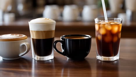 assortment of coffee drinks on a counter