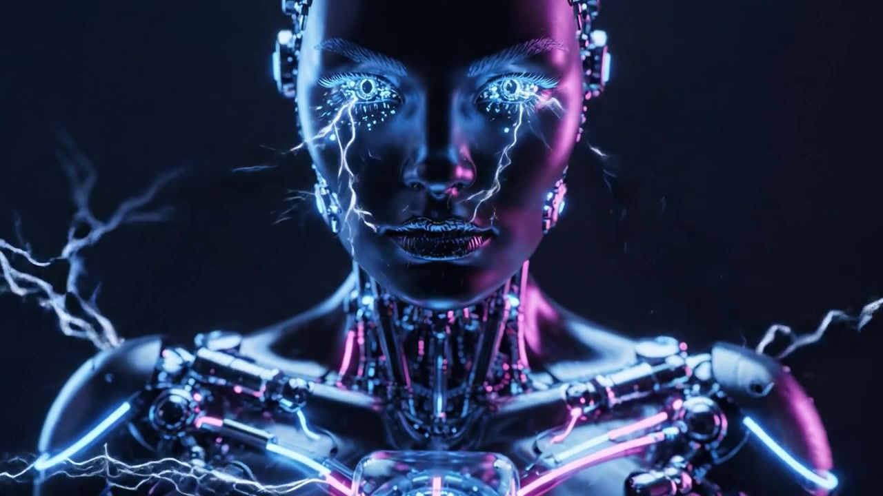 Una figura robotica futuristica si trasforma da serena a intensa, mostrando elementi al neon ed energia elettrica in un contrasto visivamente sorprendente tra due fotogrammi.