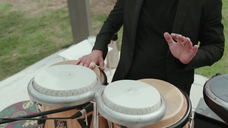 Mani di un percussionista che suona i bonghi accanto a un piatto durante un'esibizione di musica dal vivo all'aperto a una festa di matrimonio