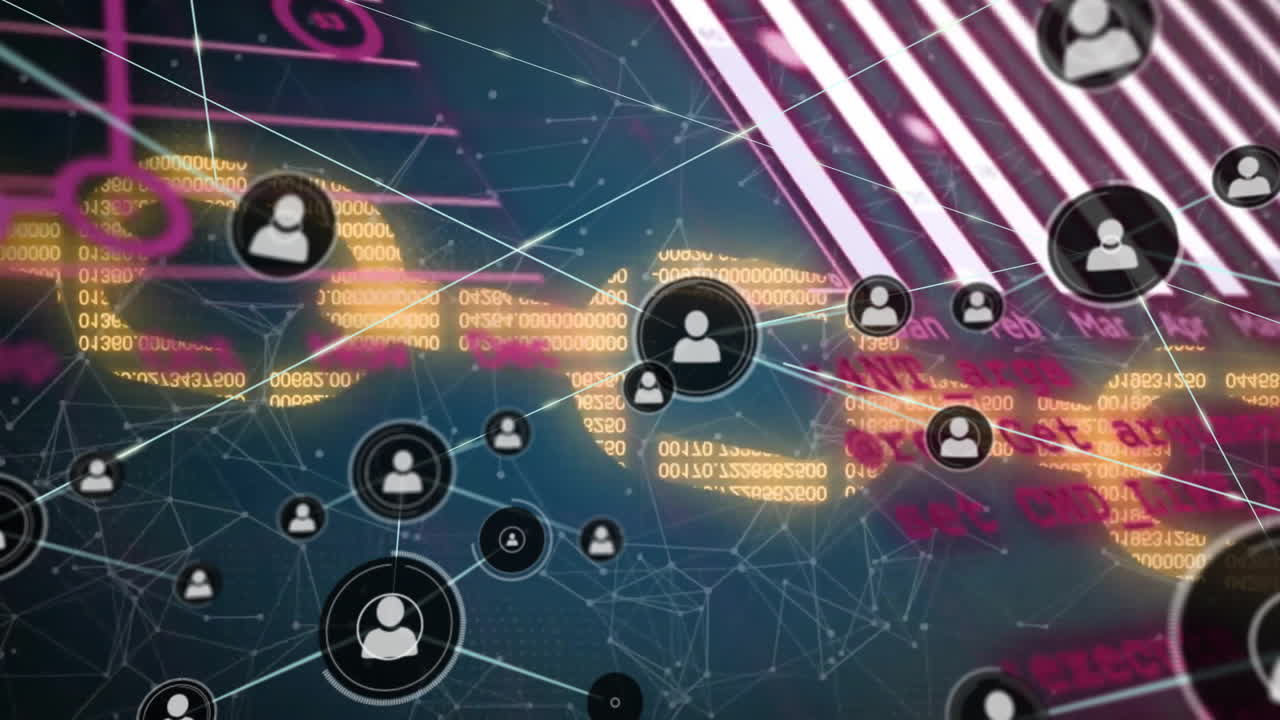 animación de la red de conexiones con iconos y procesamiento de datos en cadena