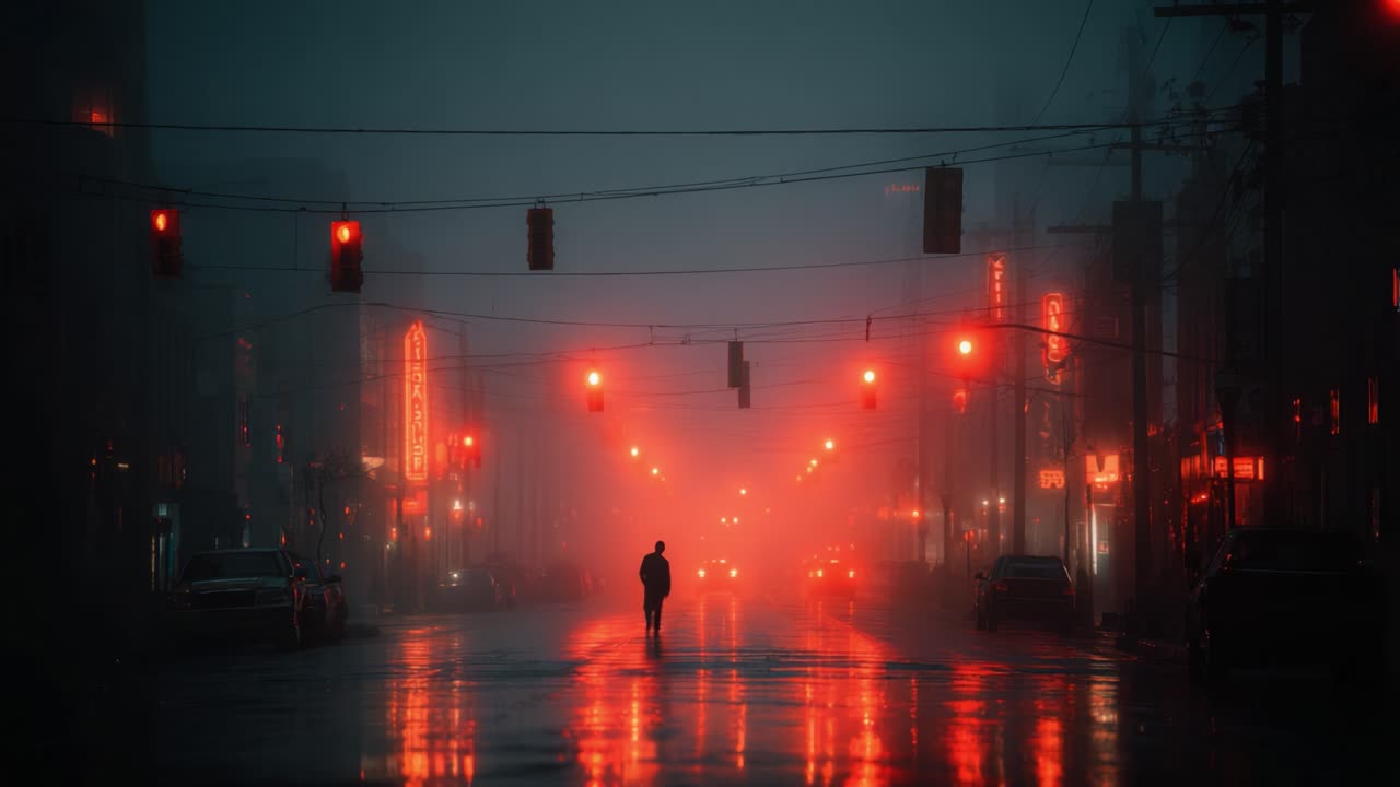 A solitary figure walks through a fog-drenched urban landscape, illuminated by the eerie glow of red traffic signals, evoking a sense of mystery and contemplation