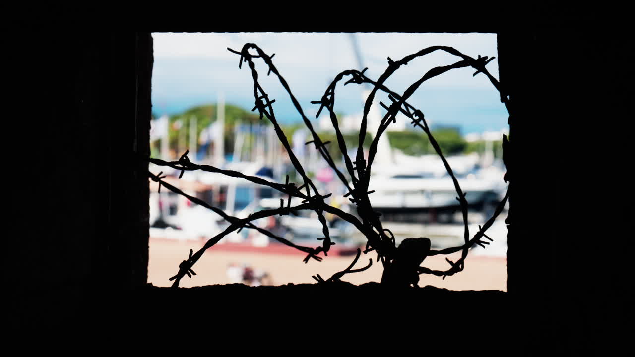 Close up of barbed wire loops with a blurred view of boats docked in a harbour in daylight