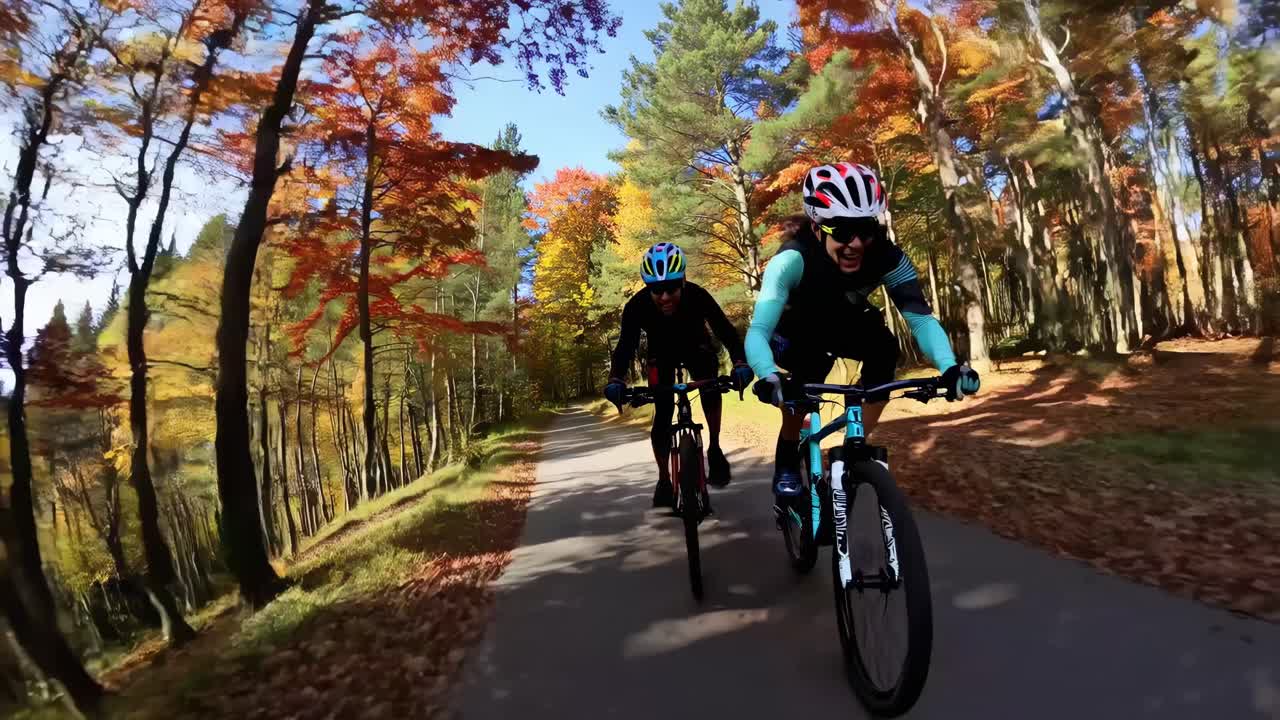 Dynamic video shot from a low angle captures cyclists racing through a vibrant autumn forest