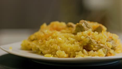 dish of hot pilaf, pilau, pilaw or pilaff with turkey meat spinning on plate