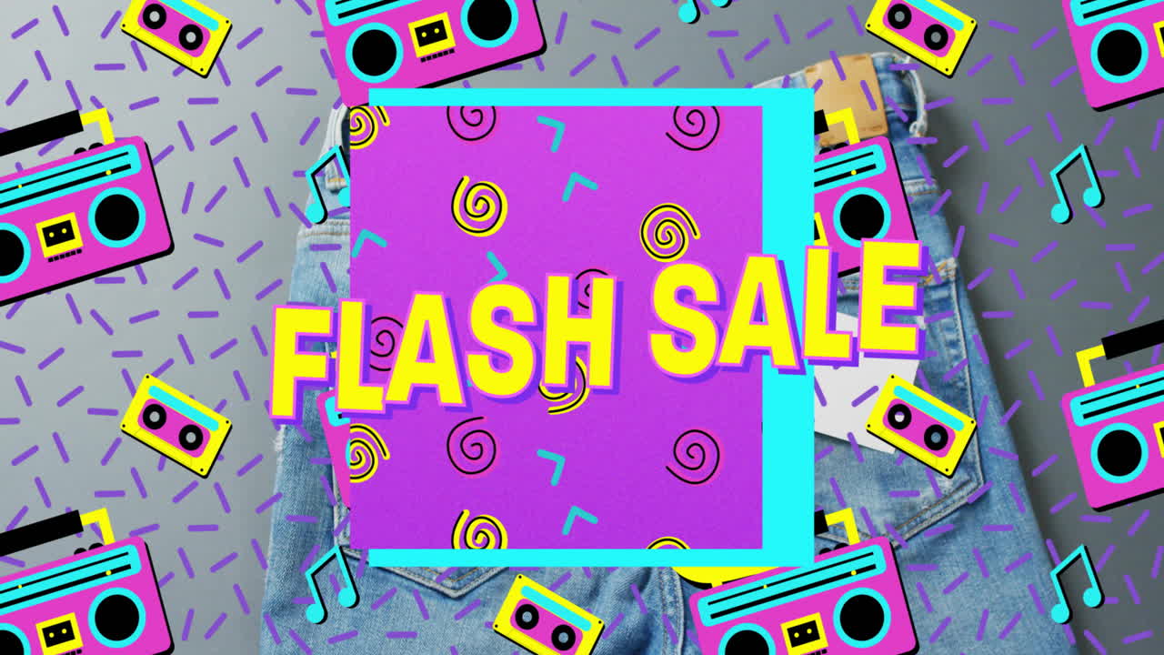 덴임 바지와 레트로 아이콘의 배경 위에 플래시 판매 텍스트의 애니메이션