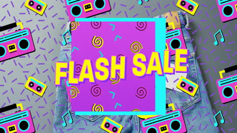 animación de texto de venta flash sobre pantalones denim y iconos retro de fondo