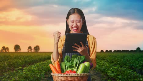 happy asian female farmer with vegetable basket celebrating using tablet computer in field