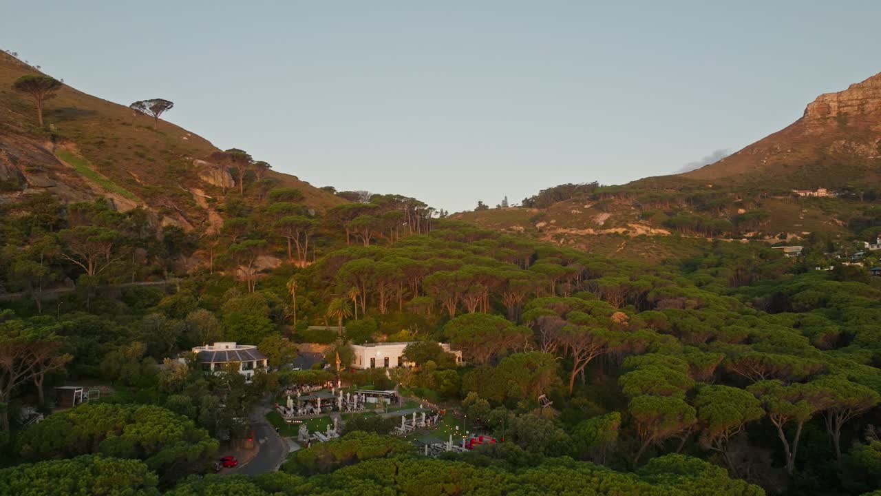 Aerial shot of a fancy restaurant on the slope of Lionshead in Cape Town.