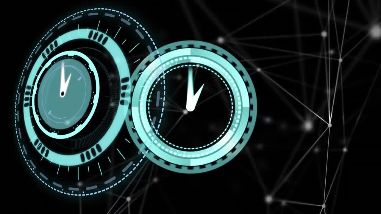 Animation of moving clock and scope scanning over network of connections on black background