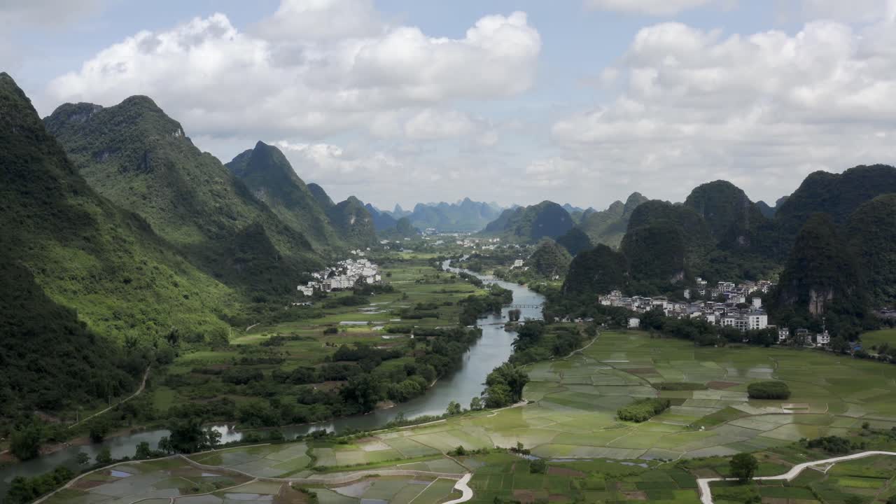 Aerial: Li River flowing through beautiful karst mountain landscape in China
